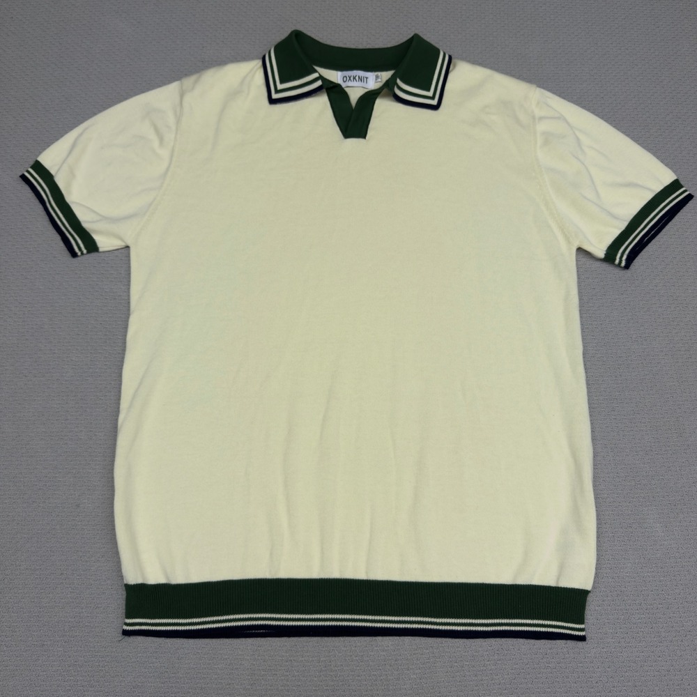 OXKNIT Mens 2XL Cream Knit Polo Shirt Johnny Collar Green Navy Stripe Cotton